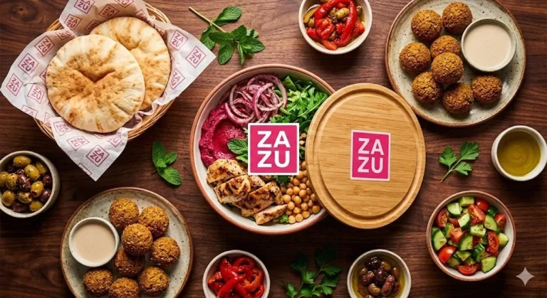 Vibrant, deeply saturated top-down photograph of a rich Mediterranean street food spread on an aged walnut wood surface inspired by eatzazu.com/wp-content/uploads/2026/02/what-is-mediterranean-street-food-699b624a68f7b.webp and eatzazu.com/wp-content/uploads/2026/02/Screenshot-2025-10-14-at-2.47.07-PM.webp. The composition highlights the next chapter of this culinary trend: the Zazu Standard of 100% Halal and Clean. It features a meticulously arranged modern Zazu bowl with beet hummus, sumac-marinated red onions, grilled chicken, fresh greens, and chickpeas. This signature bowl prominently features the distinctive pink Zazu square logo on its wooden lid. Surrounding the main bowl are supporting elements of the cuisine's rise: a rustic basket holding warm pita bread, a side of golden falafel with tahini dip, seasoned olives, roasted peppers, and a vibrant cucumber and tomato salad. Natural daylight illuminates the warm, high-end texture of the wood and the saturated colors of the fresh produce. Strictly **NO people, NO bar area, and NO cocktails** are present.