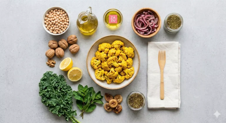 Vibrant top-down flat-lay of heart-healthy Mediterranean ingredients including olive oil, chickpeas, and fresh greens, representing the Zazu Standard for 100% Halal and Clean healthy eating in NYC.