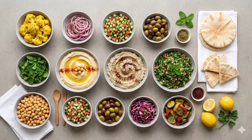 Vibrant, meticulously organized, top-down (flat-lay/knolling style) photograph inspired by the stylistic template of eatzazu.com/wp-content/uploads/2026/02/what-is-mediterranean-street-food-699b624a68f7b.webp. Presented against a clean, modern concrete-style background, the image serves as the main header for a guide to authentic Mediterranean sides. It features a complete portfolio of Zazu's side dishes and dips, each isolated in individual light-grey ceramic bowls aligned precisely in a grid. The centerpiece includes larger bowls of silky hummus, smoky baba ganoush, and vibrant tabbouleh, surrounded by smaller bowls of turmeric cauliflower, sumac-marinated red onions, Israeli salad, marinated olives, and roasted vegetables. Small spice bowls with sumac and za'atar, fresh lemons, and sprigs of mint and parsley complete the ordered arrangement. Natural daylight illuminates the fresh colors against the neutral background. Strictly **NO bar area, NO cocktails, and NO patrons