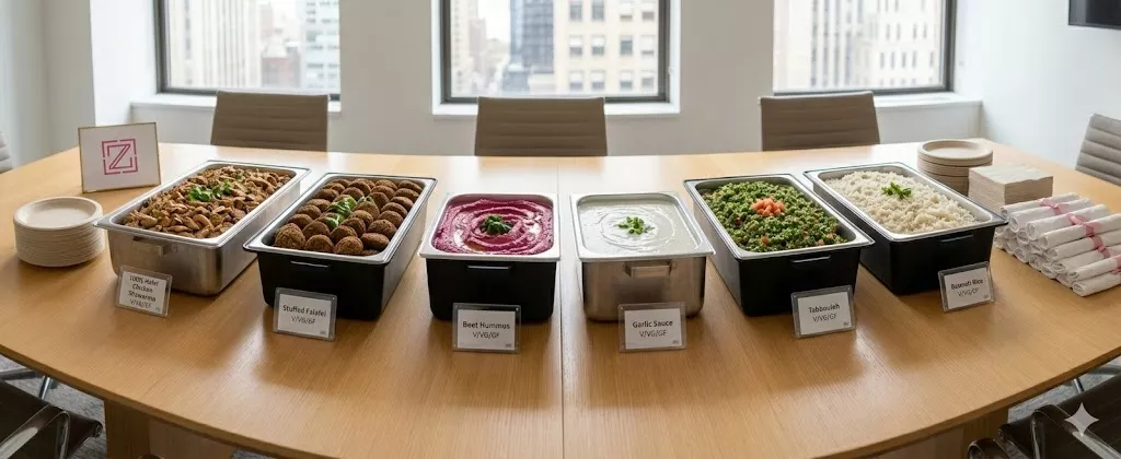 Panoramic high-angle photograph of a professionally organized Zazu Mediterranean catering spread on a polished wood office conference table in Manhattan