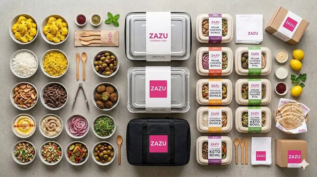 Vibrant top-down flat-lay of Zazu Mediterranean office catering in NYC featuring a 'Build-Your-Own Bowl' bar with hummus, falafel, and shawarma alongside individually labeled boxed lunches, all prominently displaying the pink Zazu square logo on a clean concrete background.