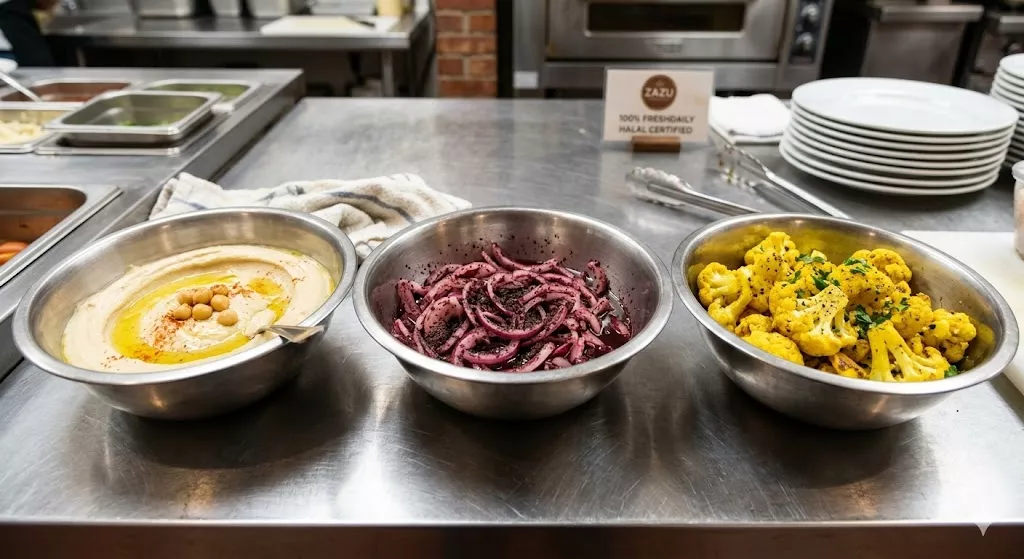 Fresh Mediterranean side dishes at Zazu NYC including house-made hummus, sumac onions, and turmeric cauliflower