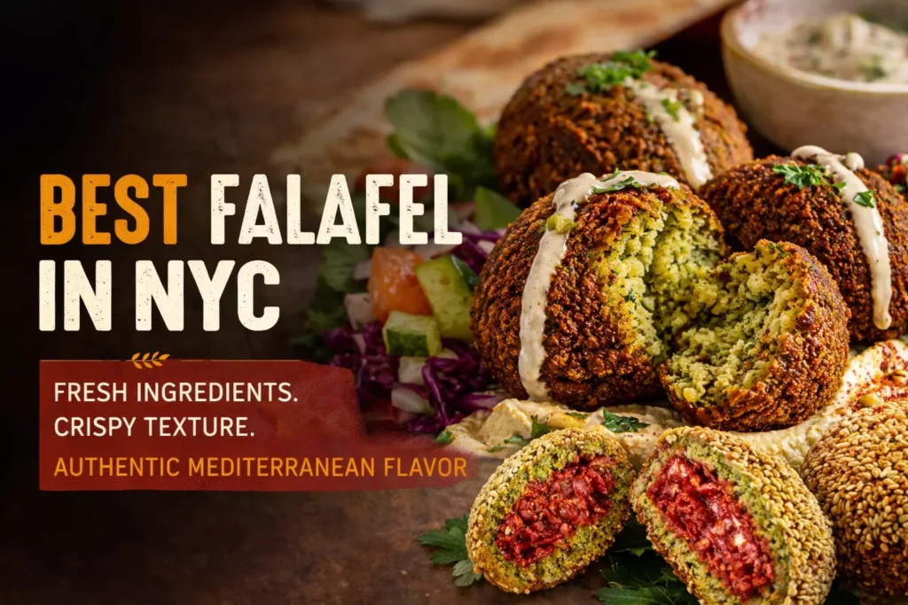 Fresh falafel with crispy exterior and herb-filled center served with Mediterranean toppings in New York City.