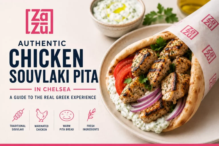 Authentic chicken souvlaki pita at ZaZu Mediterranean Kitchen in Chelsea with grilled marinated chicken, creamy tzatziki, tomatoes, red onions, and fresh warm pita.