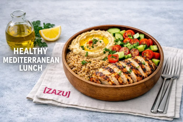 A vibrant photograph of a beautiful Mediterranean grain bowl, perfectly capturing the essence of a healthy Mediterranean lunch as described in the Zazu post.