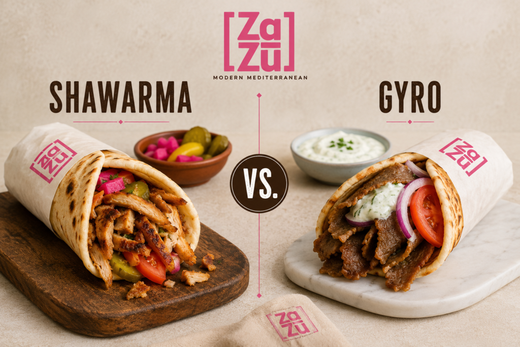 Side-by-side comparison of a chicken shawarma wrap and a traditional gyro wrap with the ZaZu Modern Mediterranean logo, highlighting the visual differences between shawarma and gyro sandwiches.