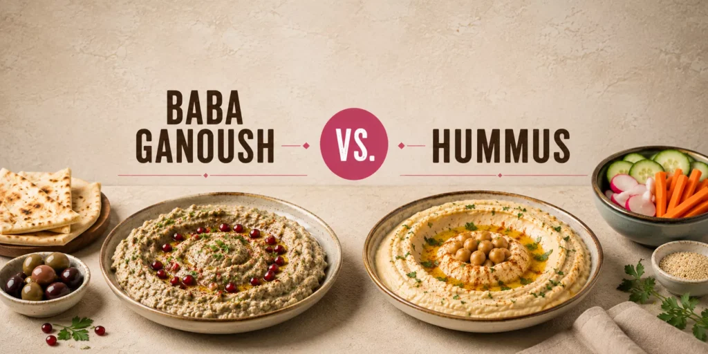 Side-by-side comparison of creamy baba ganoush and classic hummus served with warm pita, fresh vegetables, and olives, featuring the ZaZu Modern Mediterranean logo and highlighting the differences between these popular Mediterranean dips.