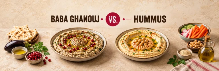 Side-by-side comparison of creamy baba ghanouj and classic hummus served with warm pita, fresh vegetables, and olives, featuring the ZaZu Modern Mediterranean logo and highlighting the differences between these popular Mediterranean dips.