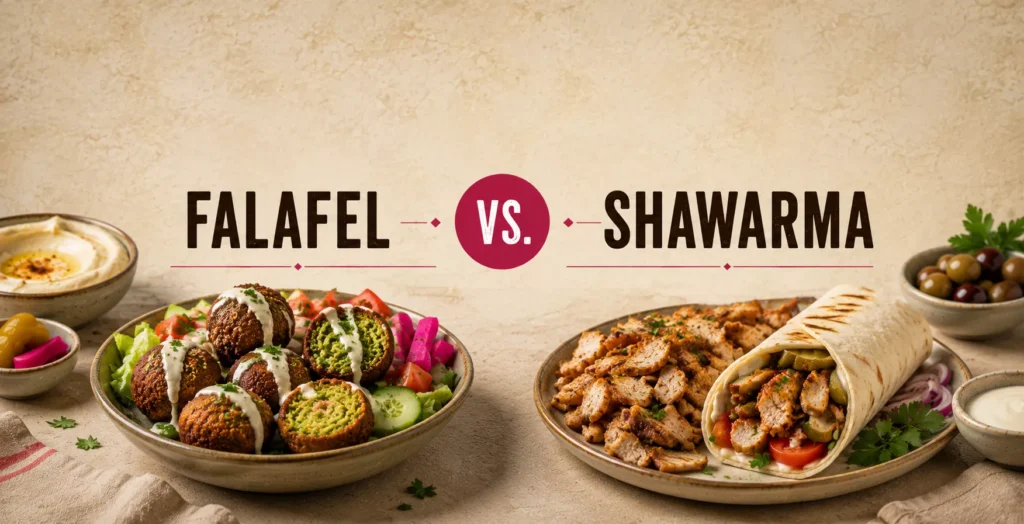 Side-by-side comparison of crispy falafel served over a fresh Mediterranean salad and a chicken shawarma wrap with sliced shawarma, pickled vegetables, and garlic sauce, illustrating the differences between falafel and shawarma.