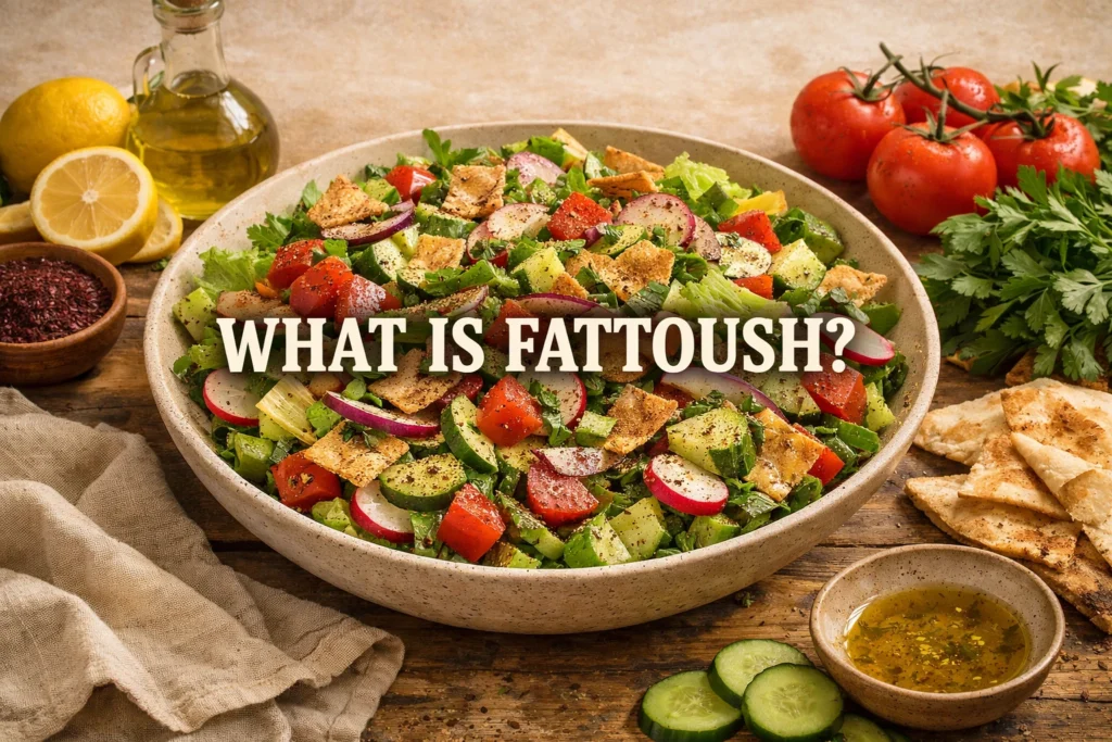 Fresh fattoush salad with romaine lettuce, tomatoes, cucumbers, radishes, toasted pita chips, parsley, and sumac, illustrating a traditional Mediterranean salad.