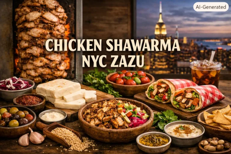Mediterranean street food scene with chicken shawarma wraps, rice plate, fries, and hummus in front of the New York City skyline, with the text “Chicken Shawarma NYC ZaZu” centered.