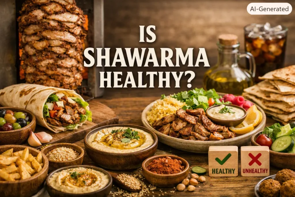Mediterranean scene with shawarma wrap, sliced shawarma platter, fries, hummus, and salad surrounding the text “Is Shawarma Healthy?” centered.