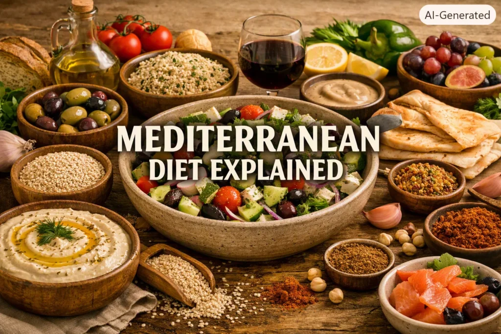 Vibrant Mediterranean spread with olive oil, fish, Greek salad, hummus, nuts, and fruits surrounding the text “Mediterranean Diet Explained.”