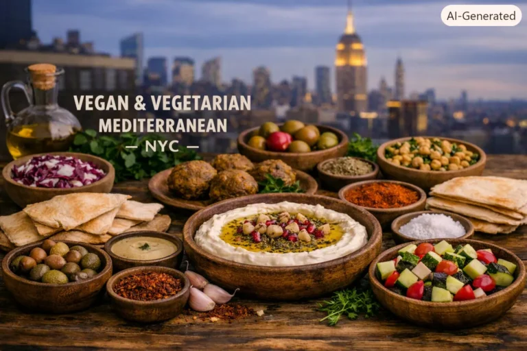 Rustic Mediterranean spread of vegan and vegetarian dishes including labneh, falafel, hummus, and Greek salad, set against the New York City skyline with the text “Vegan & Vegetarian Mediterranean – NYC” on the left.