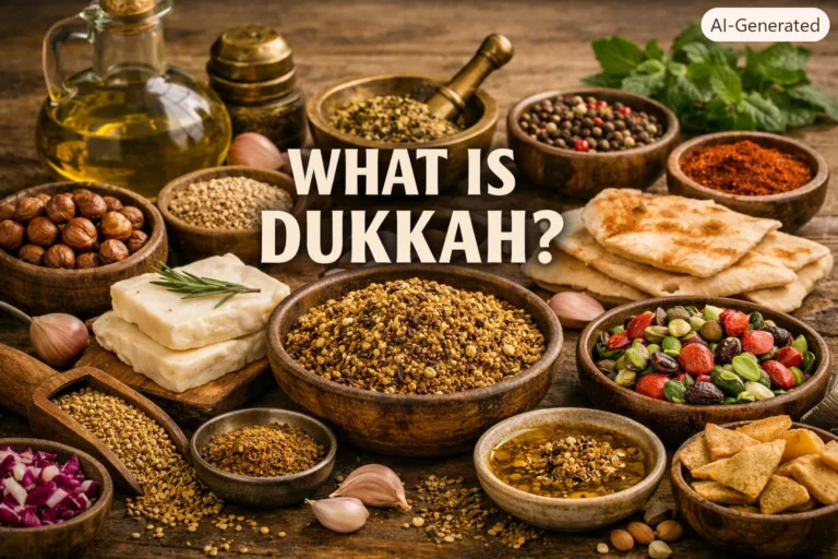 Rustic Mediterranean scene with a bowl of dukkah spice blend surrounded by nuts, seeds, olive oil, and herbs, with the text “What Is Dukkah?” centered.