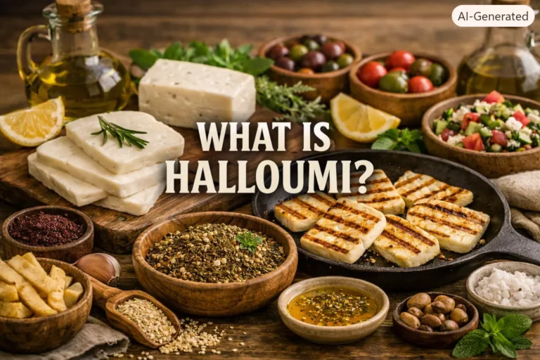 A graphic of with raw and grilled halloumi cheese surrounded by olive oil, tomatoes, and herbs, with the text “What Is Halloumi?” centered.