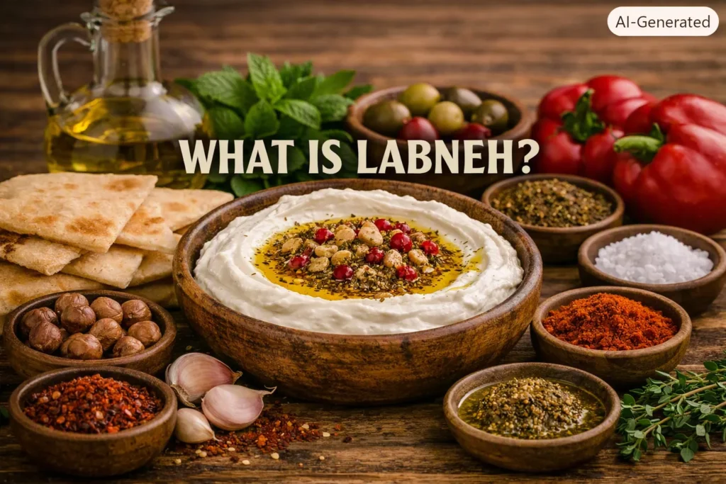 Rustic Mediterranean scene with a bowl of creamy labneh drizzled with olive oil and sprinkled with za’atar, surrounded by pita bread, herbs, and garlic, with the text “What Is Labneh?” centered.