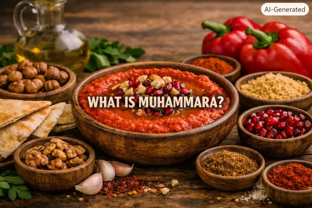 Rustic Mediterranean scene with a bowl of muhammara dip garnished with olive oil, walnuts, and pomegranate seeds, surrounded by peppers, pita bread, and spices, with the text “What Is Muhammara?” centered and fully visible.