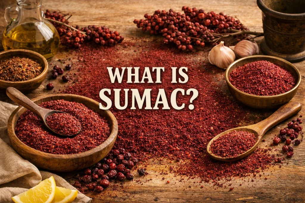 Rustic Mediterranean scene with bowls of ground sumac, sumac berries, olive oil, and lemons surrounding the text “What Is Sumac?” Rustic Mediterranean scene with bowls of ground sumac, sumac berries, olive oil, and lemons surrounding the text “What Is Sumac?”