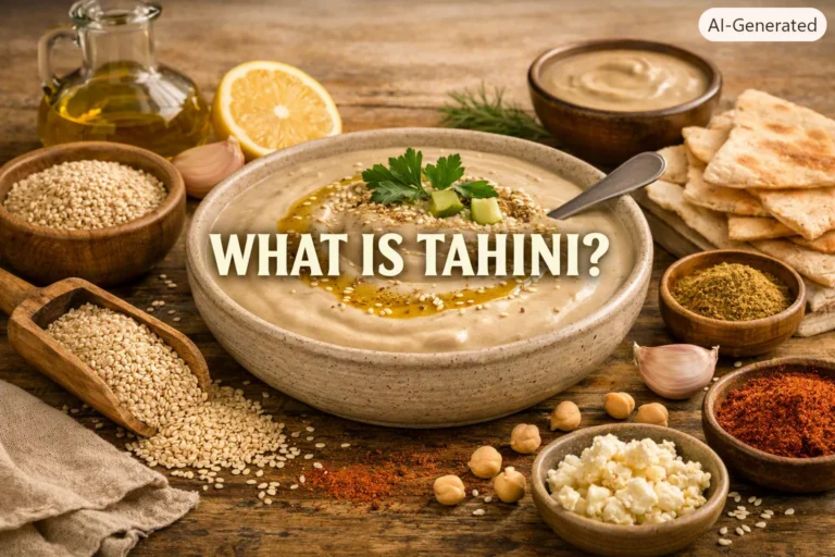 Rustic Mediterranean scene with a bowl of creamy tahini sauce garnished with olive oil, sesame seeds, and parsley, surrounded by lemon, garlic, and pita bread, with the text “What Is Tahini?” centered.