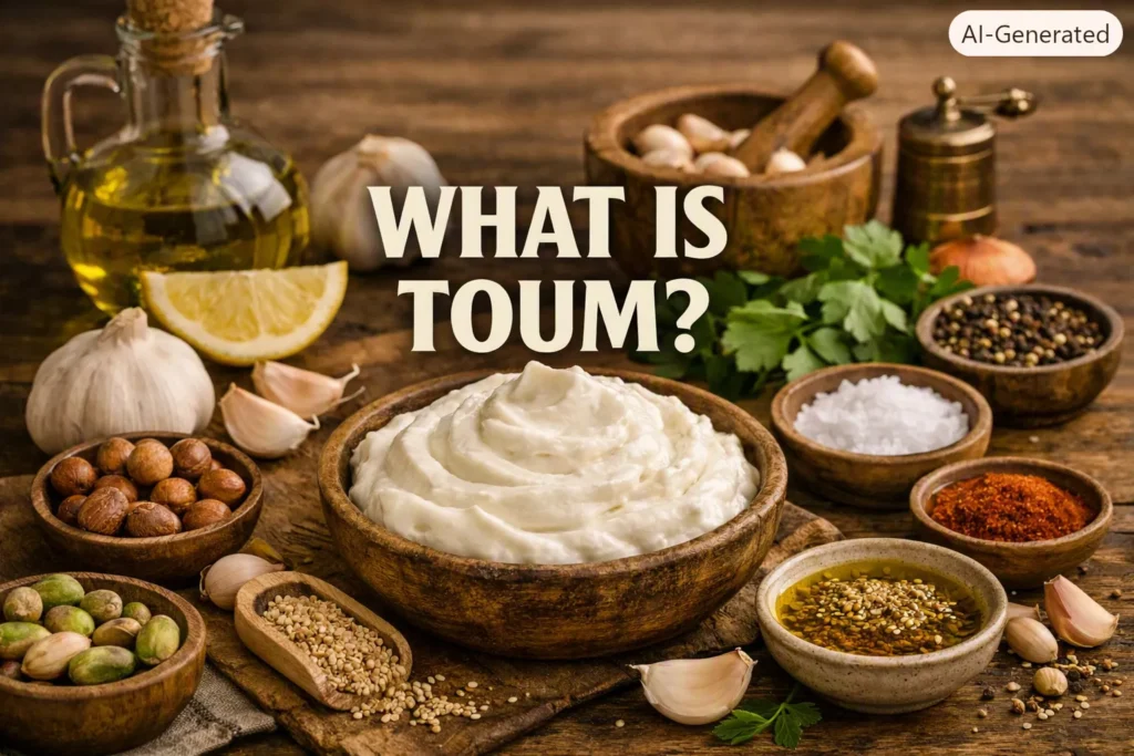 Rustic Mediterranean scene with a bowl of creamy garlic toum surrounded by olive oil, garlic cloves, lemon, and herbs, with the text “What Is Toum?” centered.