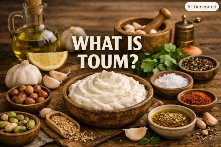 Rustic Mediterranean scene with a bowl of creamy garlic toum surrounded by olive oil, garlic cloves, lemon, and herbs, with the text “What Is Toum?” centered.