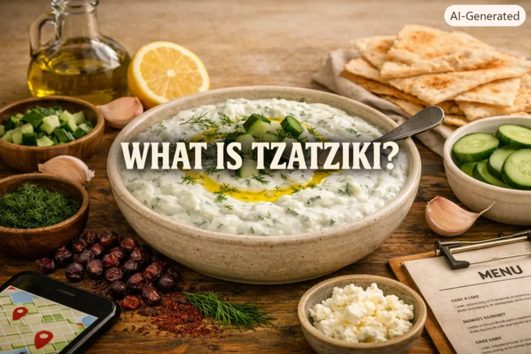 Rustic Mediterranean scene with a bowl of creamy tzatziki sauce garnished with olive oil, dill, and cucumber beside pita bread and lemons, with the text “What Is Tzatziki?” centered.