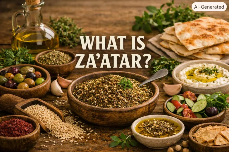 Rustic Mediterranean scene with a bowl of za’atar spice blend surrounded by olive oil, pita bread, and fresh herbs, with the text “What Is Za’atar?” centered.