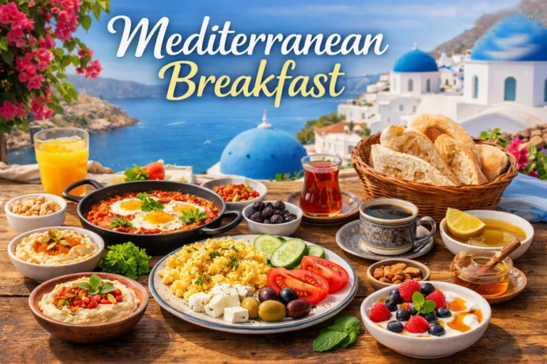 Mediterranean breakfast spread with shakshuka, feta, olives, fresh vegetables, yogurt with berries, and rustic bread on a wooden table overlooking a coastal village with white buildings and blue domes under a sunny sky.