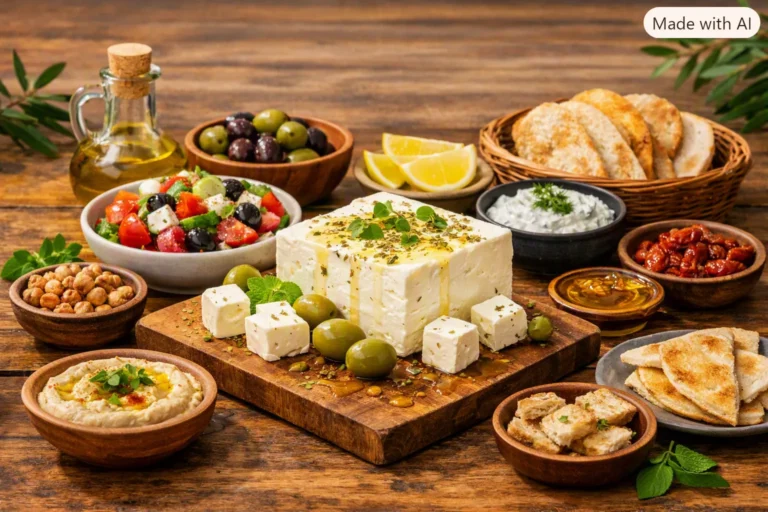 Rustic Mediterranean table featuring feta cheese drizzled with olive oil and herbs, surrounded by Greek salad, olives, hummus, tzatziki, pita bread, and sun‑dried tomatoes with warm earthy tones and olive branches in the background.
