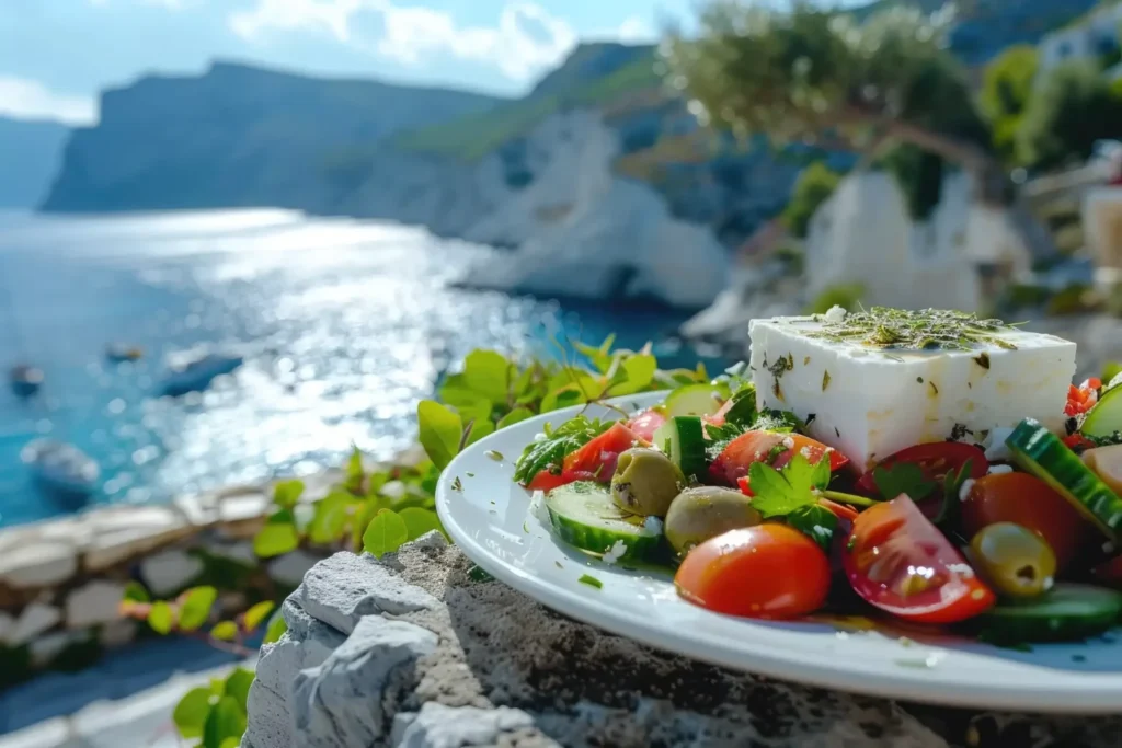 Greek salad with feta, tomatoes, cucumber and olives on a white plate overlooking the Mediterranean coast