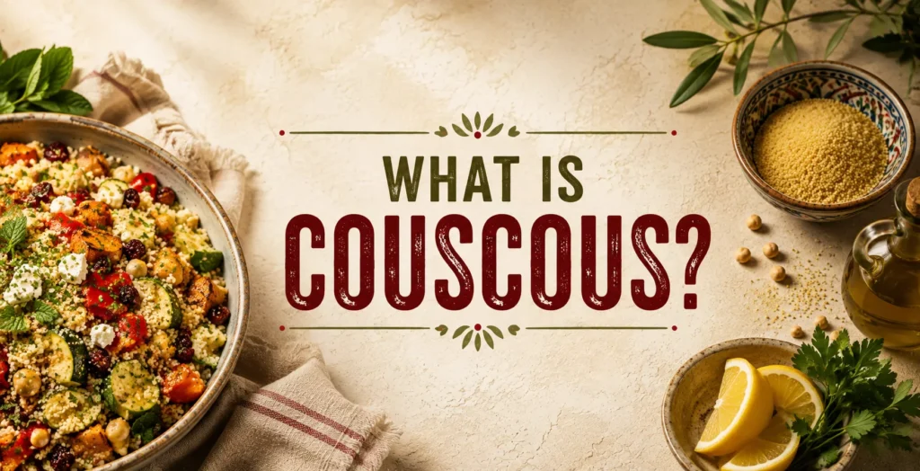 Traditional Mediterranean couscous served in a rustic bowl with roasted vegetables, chickpeas, fresh herbs, and feta cheese, alongside uncooked couscous, olive oil, lemon, and parsley, illustrating what couscous is and how it is served.