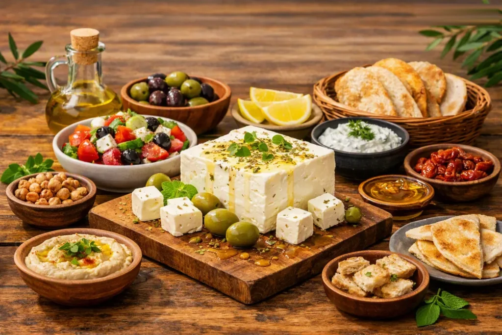 Rustic Mediterranean table featuring feta cheese drizzled with olive oil and herbs, surrounded by Greek salad, olives, hummus, tzatziki, pita bread, and sun‑dried tomatoes with warm earthy tones and olive branches in the background.