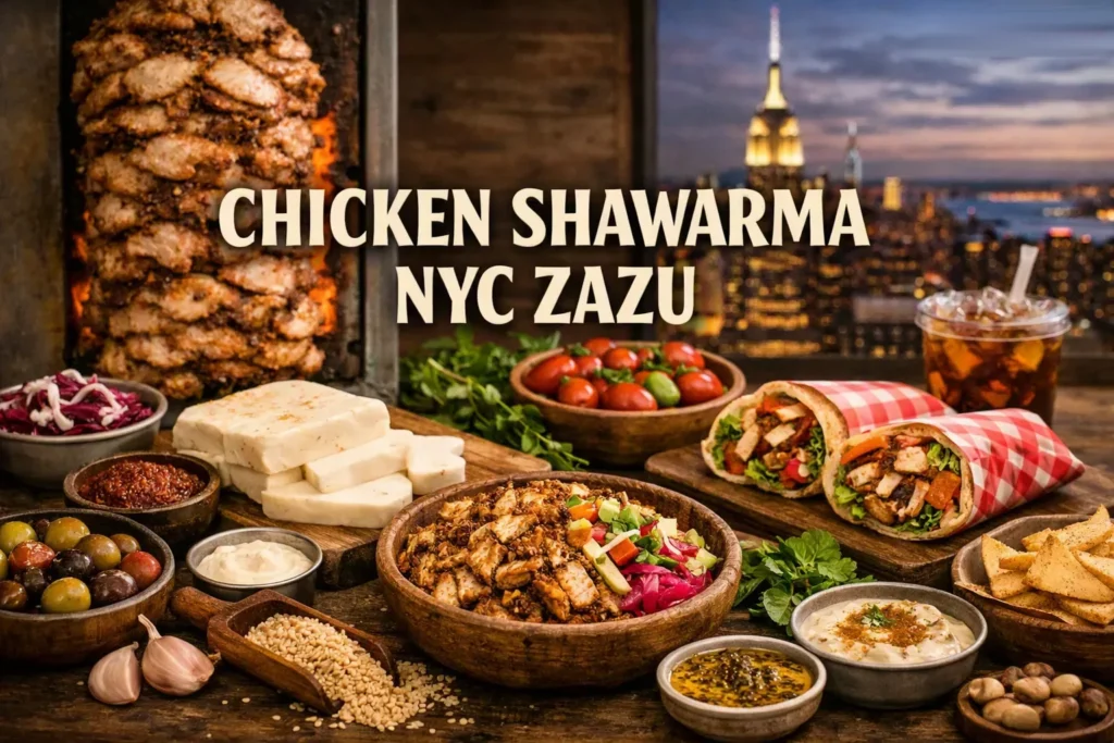 Mediterranean street food scene with chicken shawarma wraps, rice plate, fries, and hummus in front of the New York City skyline, with the text “Chicken Shawarma NYC ZaZu” centered.