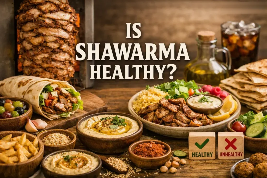 Mediterranean scene with shawarma wrap, sliced shawarma platter, fries, hummus, and salad surrounding the text “Is Shawarma Healthy?” centered.