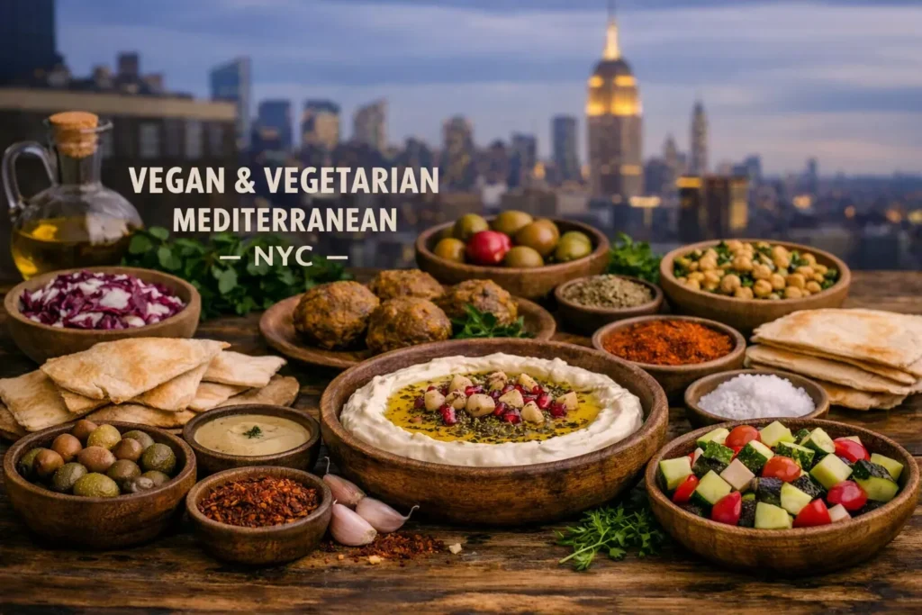 Rustic Mediterranean spread of vegan and vegetarian dishes including labneh, falafel, hummus, and Greek salad, set against the New York City skyline with the text “Vegan & Vegetarian Mediterranean – NYC” on the left.