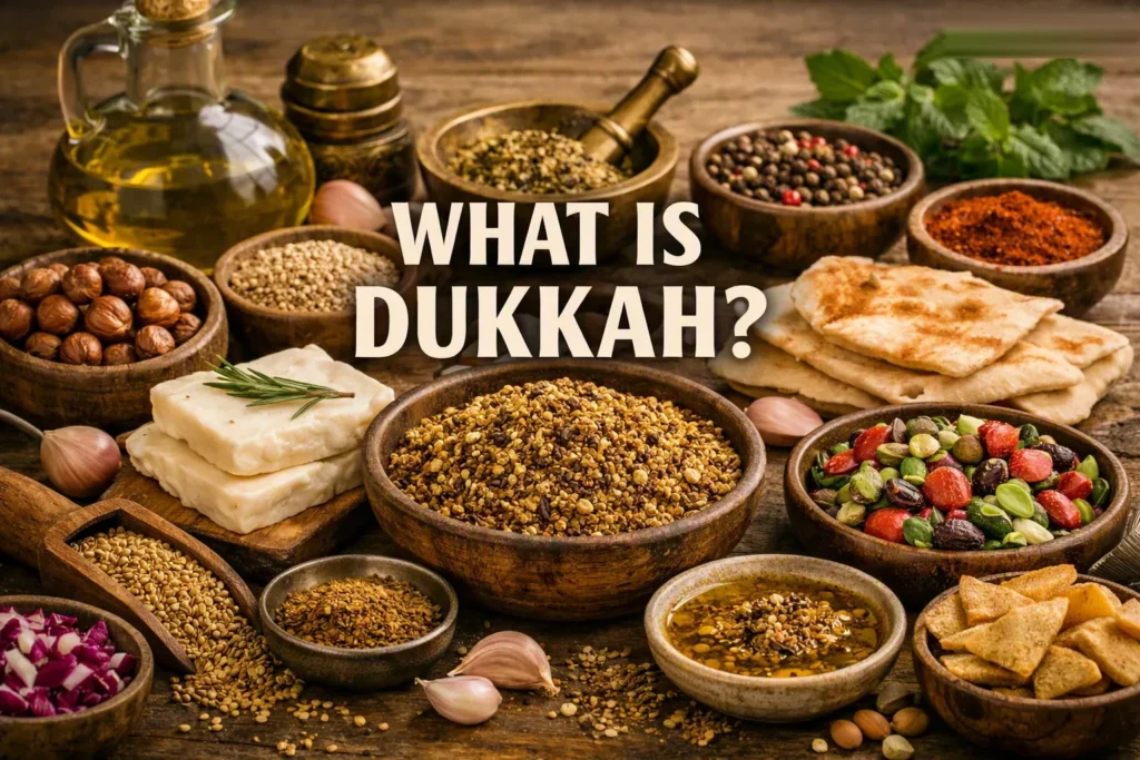 Rustic Mediterranean scene with a bowl of dukkah spice blend surrounded by nuts, seeds, olive oil, and herbs, with the text “What Is Dukkah?” centered.