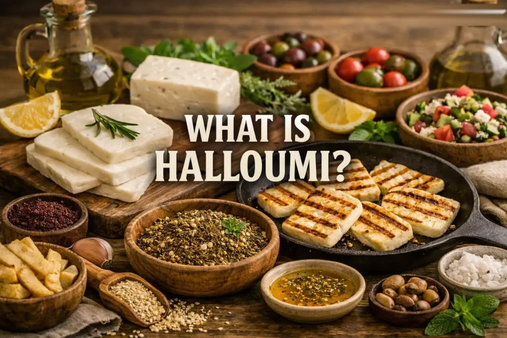 A graphic of with raw and grilled halloumi cheese surrounded by olive oil, tomatoes, and herbs, with the text “What Is Halloumi?” centered.
