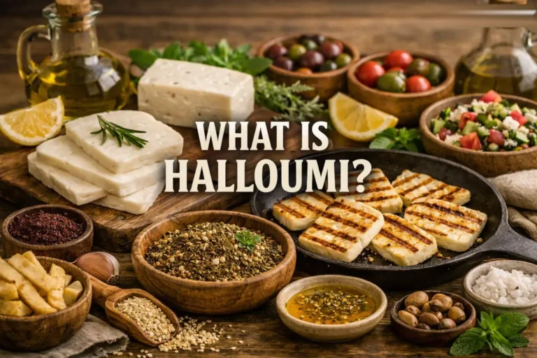 A graphic of with raw and grilled halloumi cheese surrounded by olive oil, tomatoes, and herbs, with the text “What Is Halloumi?” centered.