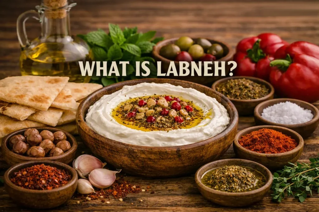 Rustic Mediterranean scene with a bowl of creamy labneh drizzled with olive oil and sprinkled with za’atar, surrounded by pita bread, herbs, and garlic, with the text “What Is Labneh?” centered.