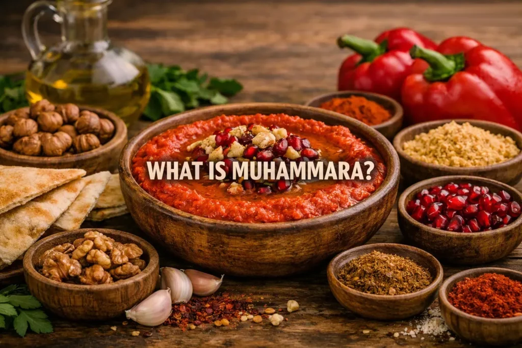 Rustic Mediterranean scene with a bowl of muhammara dip garnished with olive oil, walnuts, and pomegranate seeds, surrounded by peppers, pita bread, and spices, with the text “What Is Muhammara?” centered and fully visible.