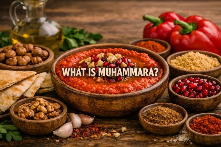 Rustic Mediterranean scene with a bowl of muhammara dip garnished with olive oil, walnuts, and pomegranate seeds, surrounded by peppers, pita bread, and spices, with the text “What Is Muhammara?” centered and fully visible.