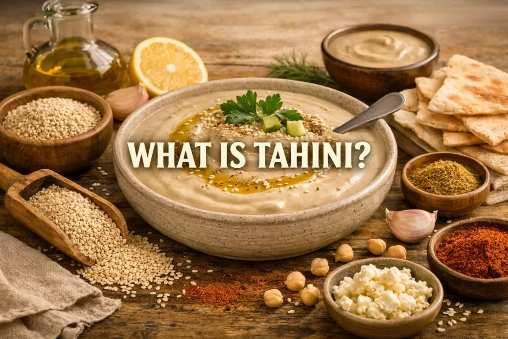 Rustic Mediterranean scene with a bowl of creamy tahini sauce garnished with olive oil, sesame seeds, and parsley, surrounded by lemon, garlic, and pita bread, with the text “What Is Tahini?” centered.