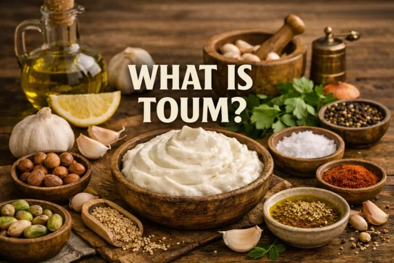 Rustic Mediterranean scene with a bowl of creamy garlic toum surrounded by olive oil, garlic cloves, lemon, and herbs, with the text “What Is Toum?” centered.