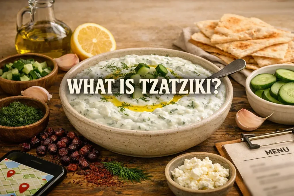 Rustic Mediterranean scene with a bowl of creamy tzatziki sauce garnished with olive oil, dill, and cucumber beside pita bread and lemons, with the text “What Is Tzatziki?” centered.