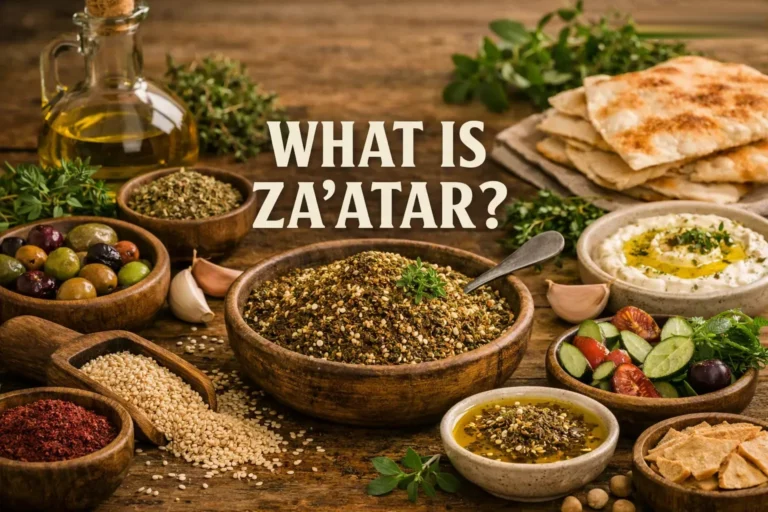 Rustic Mediterranean scene with a bowl of za’atar spice blend surrounded by olive oil, pita bread, and fresh herbs, with the text “What Is Za’atar?” centered.